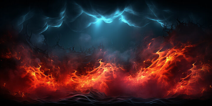 Religious theme concept. Conceptual hell with a burning lake of fire.