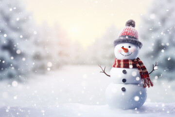 Naklejka na ściany i meble Merry christmas and happy new year greeting card with Happy snowman standing in christmas landscape, pine tree, pine leaf. Snow background. Copy space.