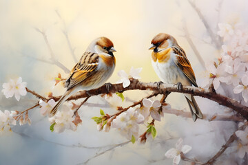 Small Sparrows Perched on Branches, Enjoying the Nectar of Tiny Flowers