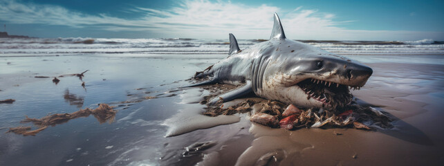 Dead shark lying on beach amid plastic pollution. Generative AI