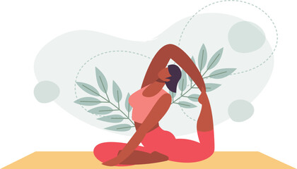 Yoga posture. Girl practising yoga. healthy Lifestyle. Colorful flat vector illustration isolated on a white background. Floral ornaments background.