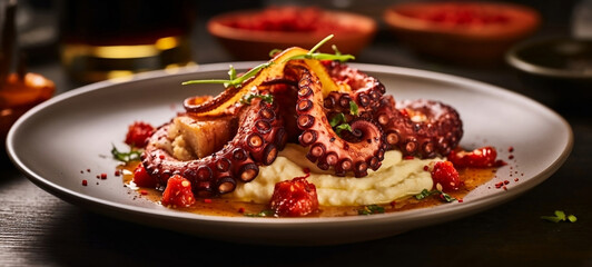 Grilled octopus with smoked paprika and smashed potato. 