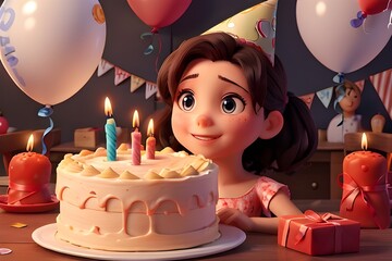 chica en 3d en su cumpleaños con pastel, globos y decoraciones coloridas - obrazy, fototapety, plakaty