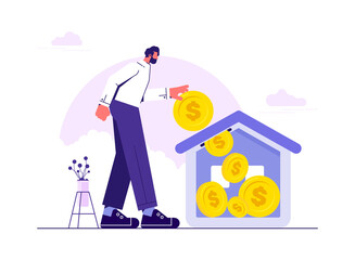 Make a savings plan to buy a home or home loan. House debt, Pay off house. Man put money coin in the house