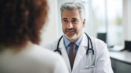 Health care: Portrait of a doctor recommending treatment to a patient. Doctor explaining the plan. Doctor's room. Discussion and advice.
