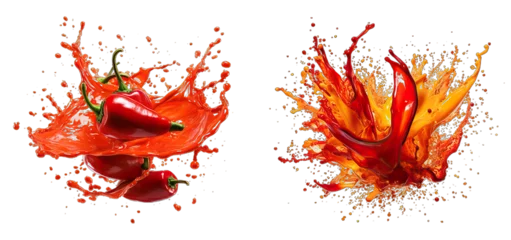 Fotobehang hot sauce splash with droplets and bauble, isolated on a transparent background with a PNG format. hot sauce flowing,red hot pepper,. © png-jpeg-vector