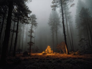 mystically illuminated place in misty forest