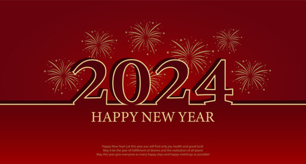 Happy New Year 2024. Christmas background with golden numbers 2024 and fireworks on a red background. Illustration, banner, vector.