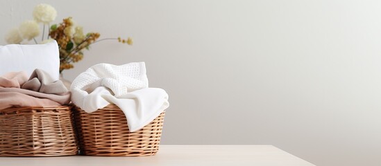 Clean laundry basket on table at home text space available - obrazy, fototapety, plakaty