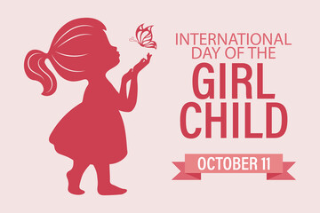 International Girl Child Day, October 11. Silhouette of a cute little girl with a butterfly. Illustration, poster, vector