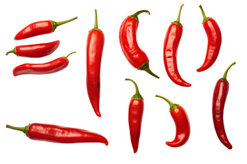 A Collection of Red Hot Chili Peppers Isolated on a transparent Background - Includes Spicy Jalapenos, Whole and Cut in Half, Presented in Both Top and Side Views