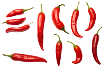 Fotobehang A Collection of Red Hot Chili Peppers Isolated on a transparent Background - Includes Spicy Jalapenos, Whole and Cut in Half, Presented in Both Top and Side Views © Asiri