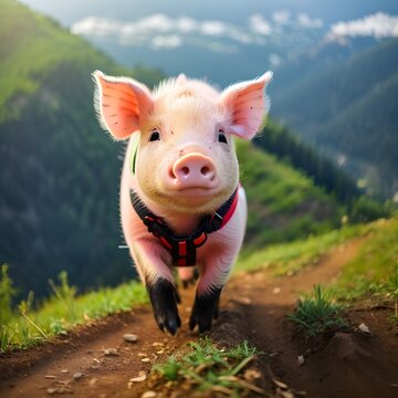 Lindo cerdito bebe subiendo una colina en el campo tierno y rosado