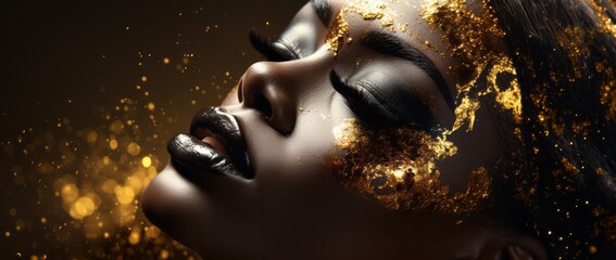 Close-up photo a beautiful black woman with gold makeup on her face, in the style of glittery, gold and moody style. Created with generative AI technology