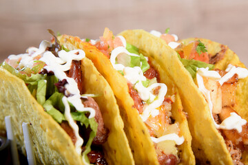 mexican tacos with corn tortillas guacamole sala jalapeno typical tex mex food