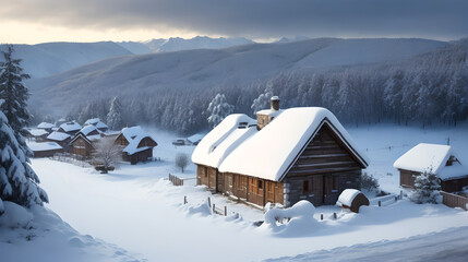 Village in the mountains in winter