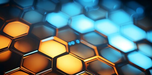 yellow and blue neon hexagon pattern abstract backgrounds, in the style of dark brown and orange, digital light and shadow, glowing light black and sky-blue, glass as material, bokeh. generative AI