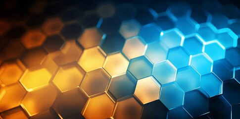 yellow and blue neon hexagon pattern abstract backgrounds, in the style of dark brown and orange, digital light and shadow, glowing light black and sky-blue, glass as material, bokeh. generative AI - obrazy, fototapety, plakaty