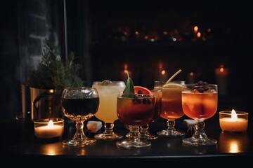Winter drink – cocktails in glass with lemon, anise stars, spice, cocoa and cinnamon on merry Christmas and happy new year concept background. - obrazy, fototapety, plakaty