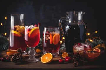 Winter drink – cocktails in glass with lemon, anise stars, spice, cocoa and cinnamon on merry Christmas and happy new year concept background.