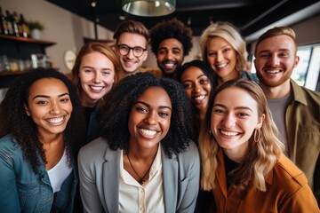 Multicultural happy people taking group selfie portrait in the office, diverse people celebrating together, Happy lifestyle and teamwork concept - obrazy, fototapety, plakaty