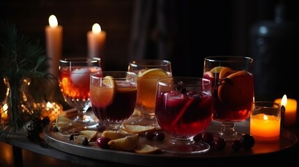 Winter drink – cocktails in glass with lemon, anise stars, spice, cocoa and cinnamon on merry Christmas and happy new year concept background.