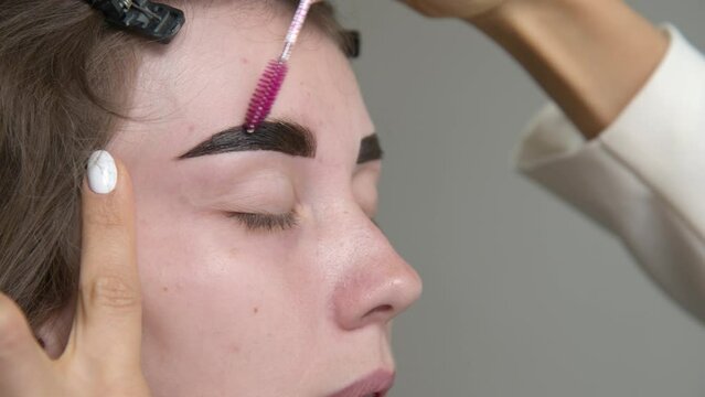 Intermediate stage in eyebrow tinting. Combing eyebrows after washing. Close-up of Caucasian young woman client and eyebrow tinting artist's hand