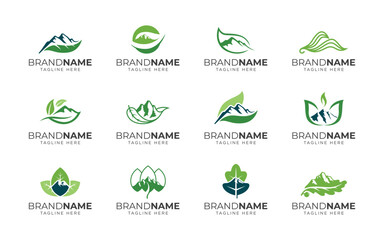 Mountain leaf logo icon set. Nature landscape logo design vector