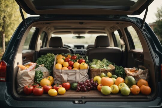 Farm products vegetables tomatoes, greens, fruits apples, oranges, grapes in bags in the trunk of the car