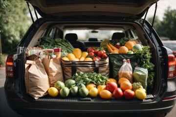 Healthy food delivery, supermarket in a car trunk. Social distancing. Fresh fruits and vegetables, food in paper bags in the open trunk of a car on the street.