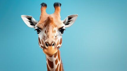 Fototapety  Close-up portrait of giraffe head. Cute giraffe on blue background with copyspace. Funny animal looking at camera.