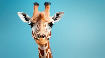 Gordijnen Close-up portrait of giraffe head. Cute giraffe on blue background with copyspace. Funny animal looking at camera. © DenisNata