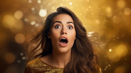 Woman gasping in awe against a shimmering gold background