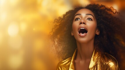 Woman gasping in awe against a shimmering gold background