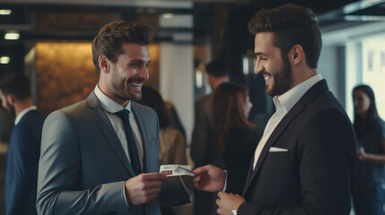 Two businessmen exchange business cards with smiles - obrazy, fototapety, plakaty