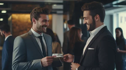 Fotobehang Two businessmen exchange business cards with smiles © siripimon2525