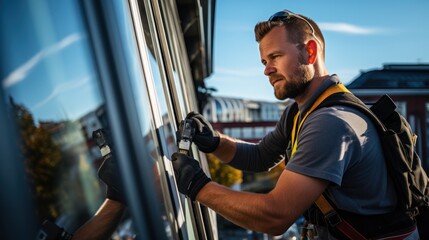 Naklejka premium a repairman repairs adjusts, or installs metal-plastic windows in the apartment.