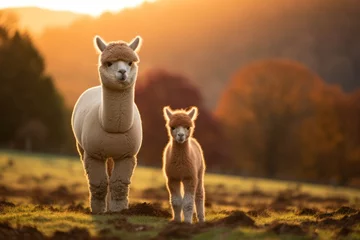 Fotobehang Alpaca and offspring standing on brown grass © sirisakboakaew