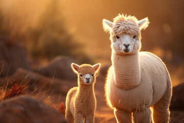 Alpaca and offspring standing on brown grass