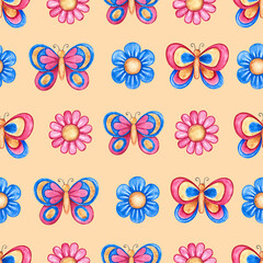 Children's seamless pattern with butterflies and flowers. On a beige background. Handmade watercolor illustration. For packaging paper, textiles, children's clothing, greeting card, label and package