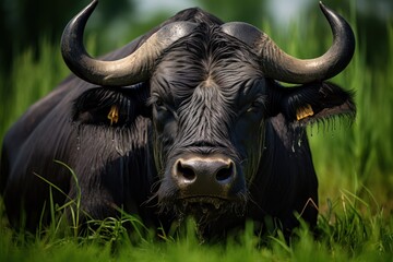 Naklejka premium Black water buffalo on green grass field