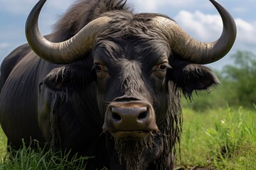 Black water buffalo on green grass field
