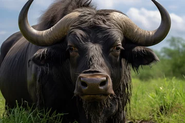 Tuinposter Buffel Black water buffalo on green grass field