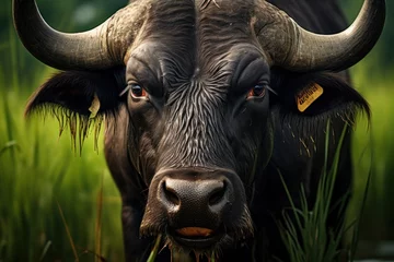 Fotobehang Buffel Black water buffalo on green grass field