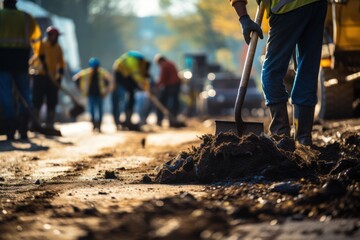 workers' brigade clears a part of the asphalt with shovels in road construction