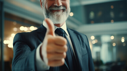 A businessman gives a thumbs-up while interacting with satisfied customers