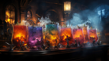 Spooky Halloween Bar Setup with Colorful Cocktails: AI-Generated Theme Drinks