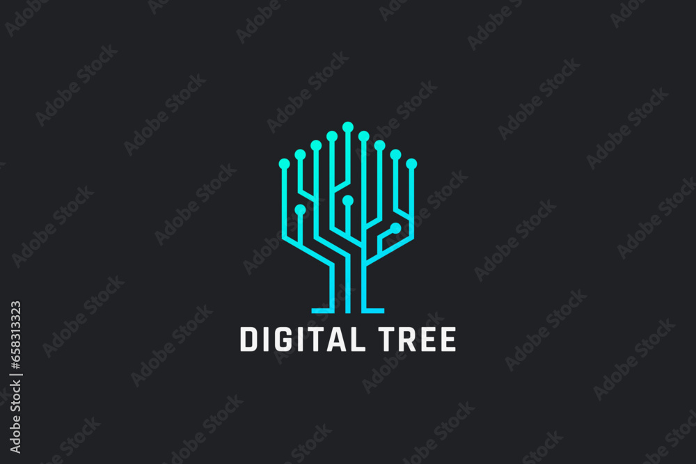 Poster Digital Tree Logo Technology Geometric Energy Circuit Design Style Vector. Global Network Communication Logotype concept app icon.