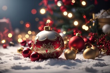 Decoraci&oacute;n de Navidad para invierno con nieve y bolas y luces navide&ntilde;as