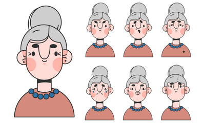 Fototapeta premium Cute elderly woman cartoon character for animation emotions. Grey haired woman face construction. Avatar with different expressions. Cartoon female personage, Vector illustration